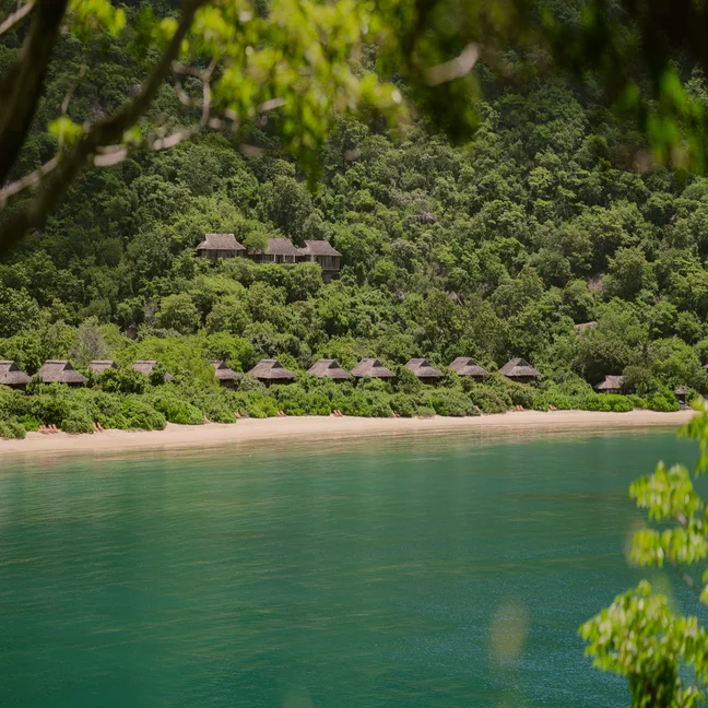 Sustainable pavilions set along a sandy shoreline, embraced by lush forest and overlooking calm turquoise waters.