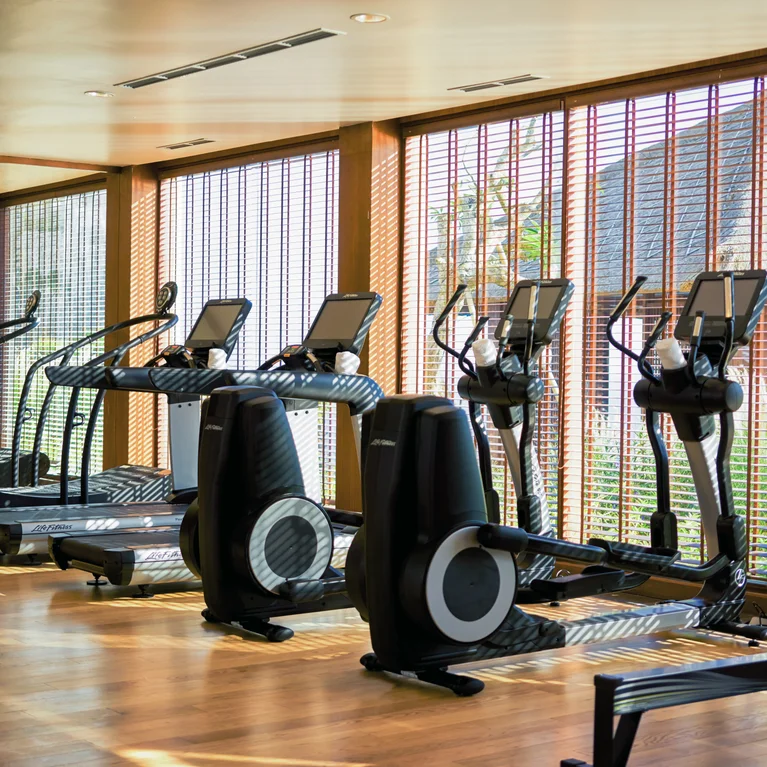 健康工作室配有跑步机和椭圆机,面向大窗户、自然光和木地板,将客人与室外郁郁葱葱的景色连接起来。.
