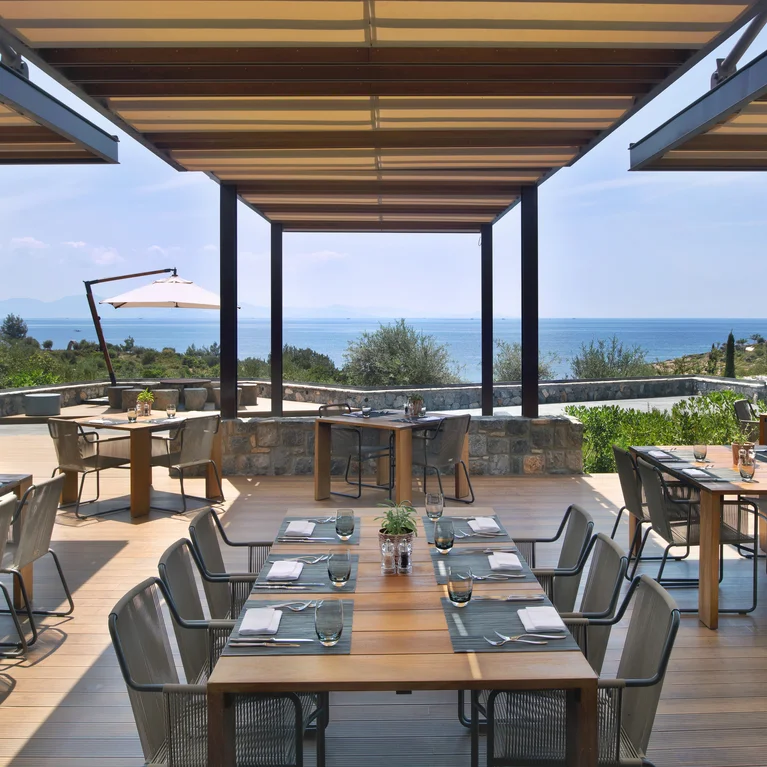 Hay mesas de madera bajo la pérgola, donde los huéspedes pueden disfrutar de las vistas al mar y la vegetación bajo la luz natural....