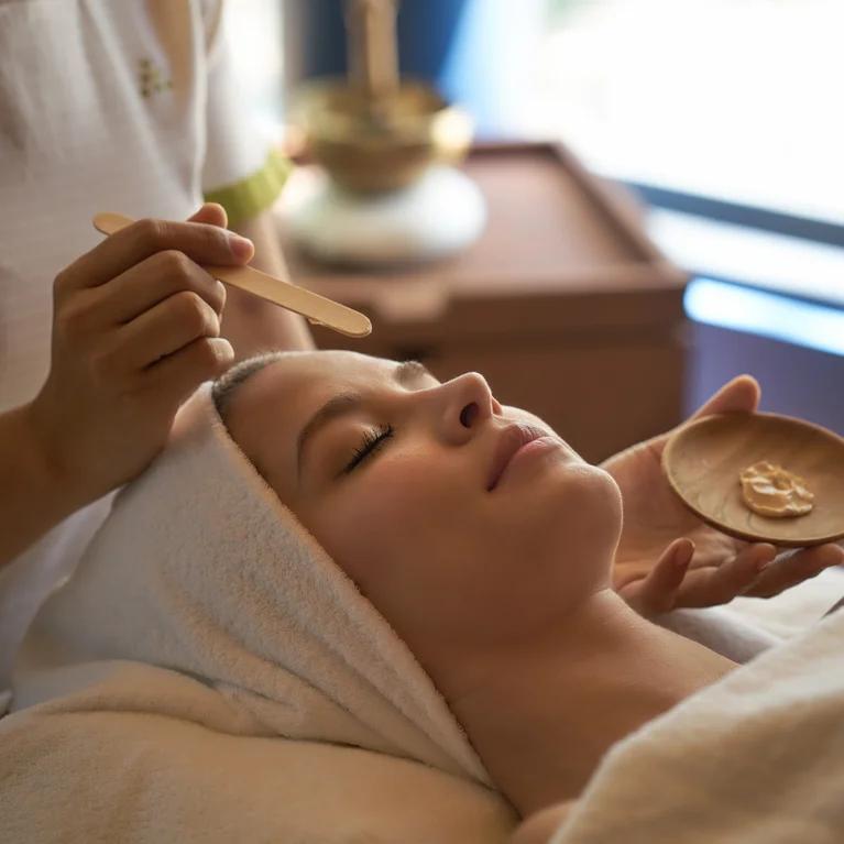 Guest relaxes with eyes closed, covered in a towel, as a spa therapist gently applies a facial mask using a wooden spatula in a calming treatment space.