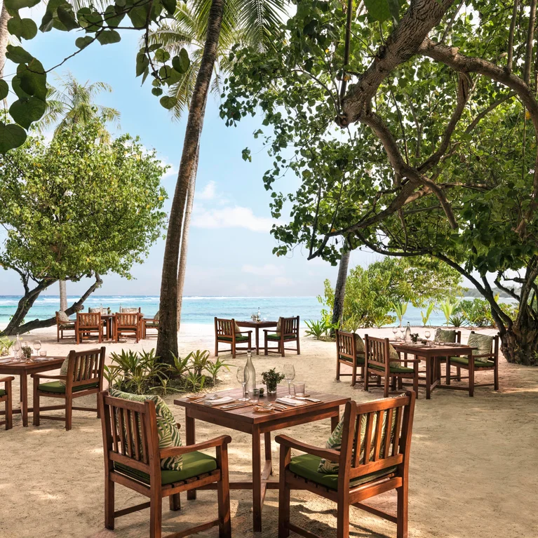 طاولات طعام وكراسي خشبية مصفوفة على أرض رملية تحت مظلة خضراء تطل على المحيط مع مياه زرقاء وسماء زرقاء تظهر من بعيد.