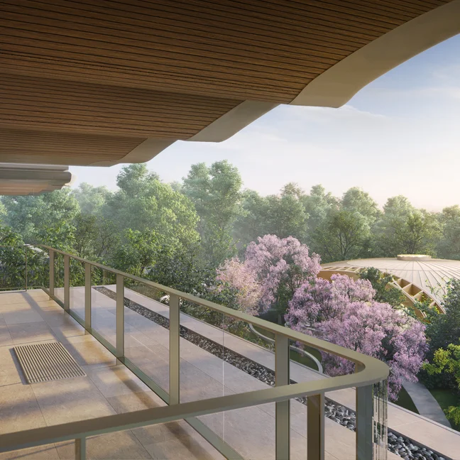 客人可以在阳台上使用瑜伽带,欣赏绿树和圆顶建筑的美景,在开阔的天空下进行户外动作练习。.