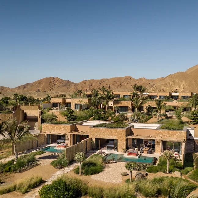 Villas with private pools surrounded by palm trees, set against desert mountains and a clear blue sky, designed with wellness and sustainability in mind.