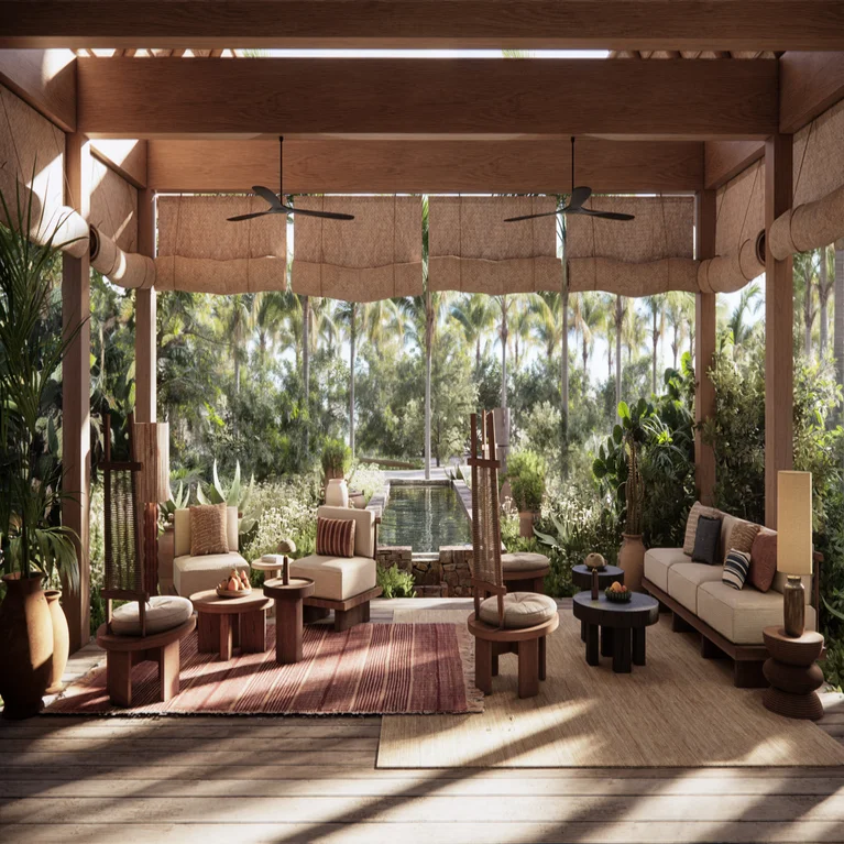 Outdoor lounge with wooden seating, natural-toned cushions, area rugs, potted plants and ceiling fans faces garden views and a rectangular pool.