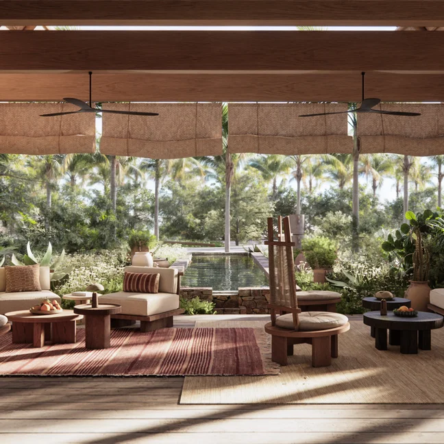 Outdoor lounge with wooden seating, natural-toned cushions, area rugs, potted plants and ceiling fans faces garden views and a rectangular pool.