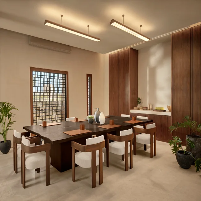 Spacious dining area featuring a wooden table, eight white-cushioned chairs, indoor plants, and subtle decor in a calming, natural-toned setting.
