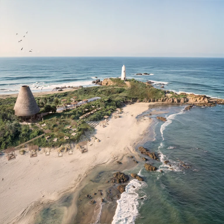 Coastal shoreline with natural rock formations, eco-conscious villas, a round thatched structure and a white lighthouse overlooking the sea.