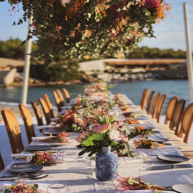 Outdoor table arranged with fresh floral centerpieces, dining settings, and wooden chairs; peaceful water and lush plants form the natural backdrop.