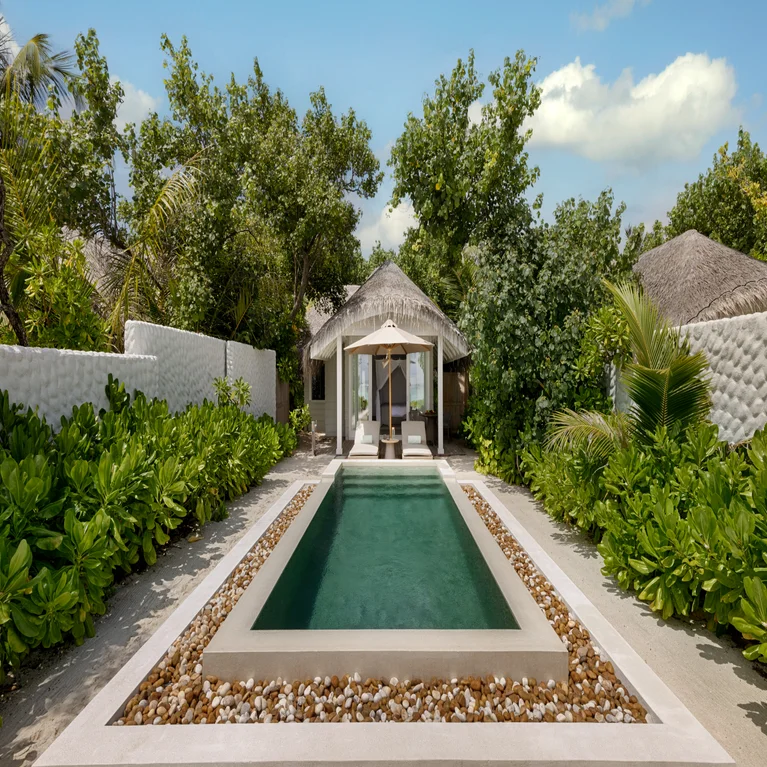 Private pool with sun loungers, parasol and native plants next to a thatched-roof villa under a sky dotted with clouds.