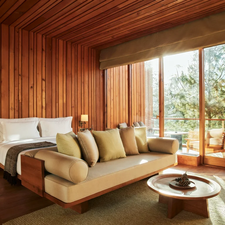 卧室配有木质镶板、床、沙发、茶几以及可俯瞰树木和阳台的大窗户。自然光线营造出舒适宁静的氛围。.