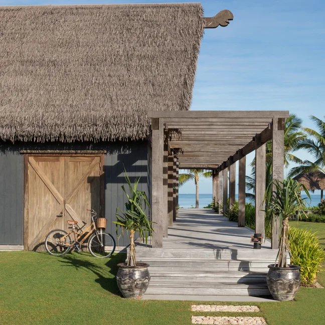 一条盆栽植物环绕的人行道通向海边的茅草屋顶建筑,草地上停着一辆自行车,背景是棕榈树。.