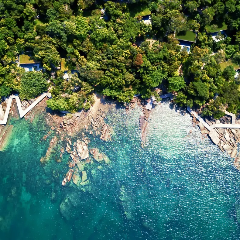 Lush green forest borders a rocky coast with clear turquoise water. Thoughtfully designed waterfront structures blend into the natural landscape.