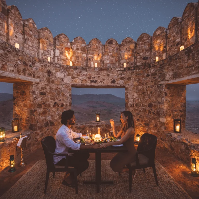 Los invitados disfrutan de una cena íntima a la luz de las velas en un entorno histórico de piedra con farolillos que iluminan las vistas de la montaña bajo un cielo despejado al atardecer.