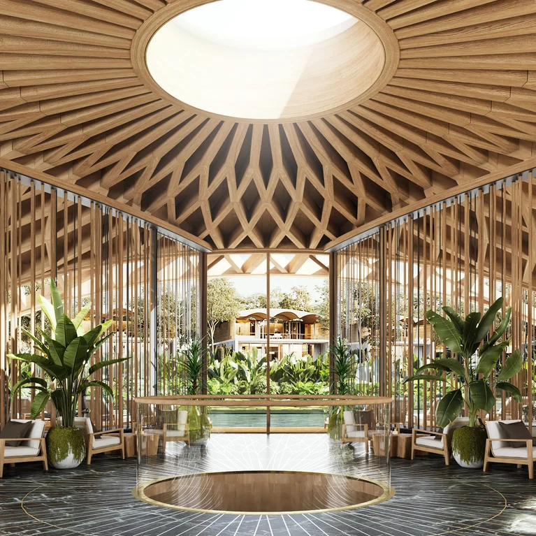 大堂采用天然木质天花板设计、环形天窗、大窗户、室内绿化以及围绕中央圆形景观的座椅。.