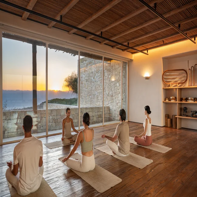 Guests participate in a group meditation or yoga session on mats in a serene room with stone walls and large windows framing the sunset outside.