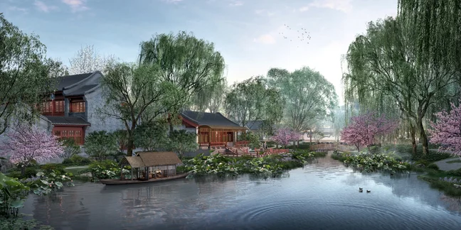 Garden with Asian-inspired architecture, a wooden boat on the pond, flowering trees, a bridge, and ducks swimming in clear water. Accessible paths and natural elements throughout.